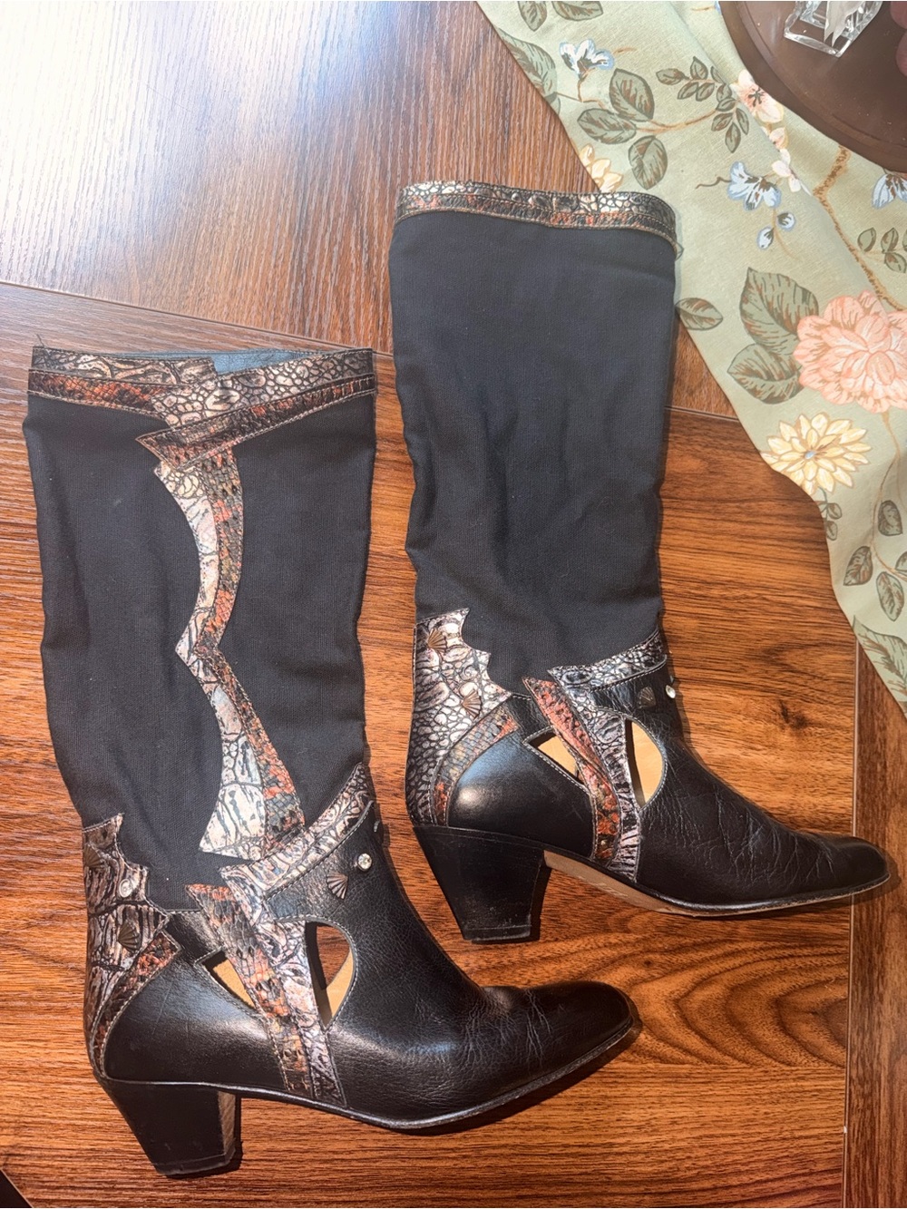 RARE Vintage 80s Black Mid-Calf Heeled Boots with Snakeskin Accent